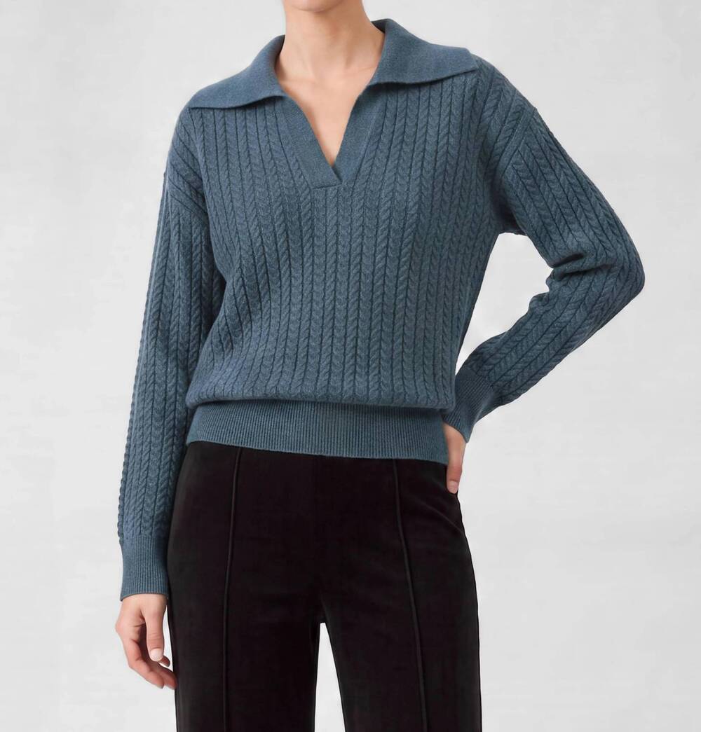 NEW CURRENT AIR open collar pullover cable knit sweater in dusty blue